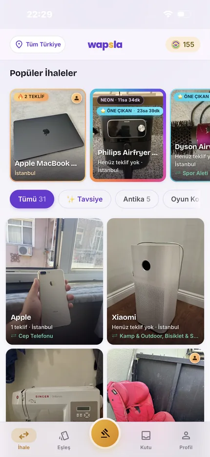 wapsla takas ihaleleri ekranı: popüler ihaleler, kategori süzgeçleri ve ilan kartları
